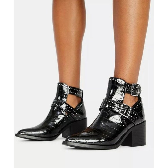 Steve Madden Shoes - Steve Madden Black Patent Croc Embossed Open Buckle Andy Ankle Boots 7.5